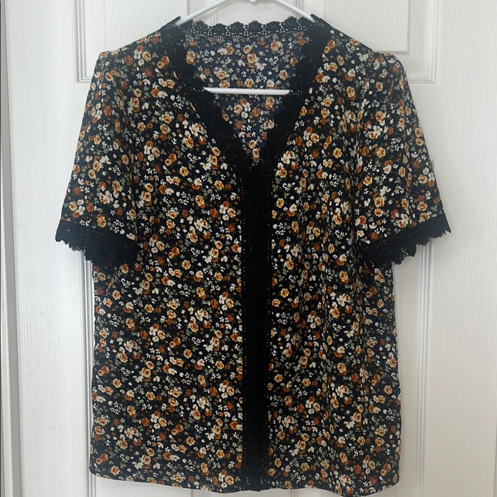 SHEIN Black and Orange Floral Blouse
